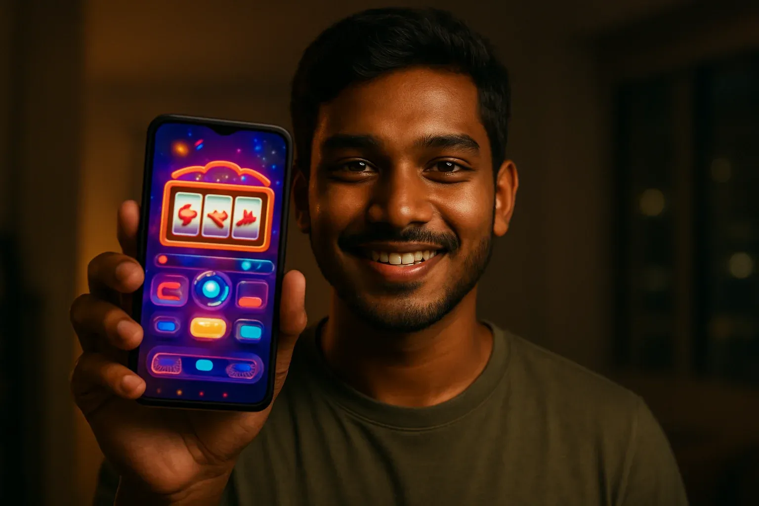 Young Bangladeshi man holding smartphone with colorful casino app interface