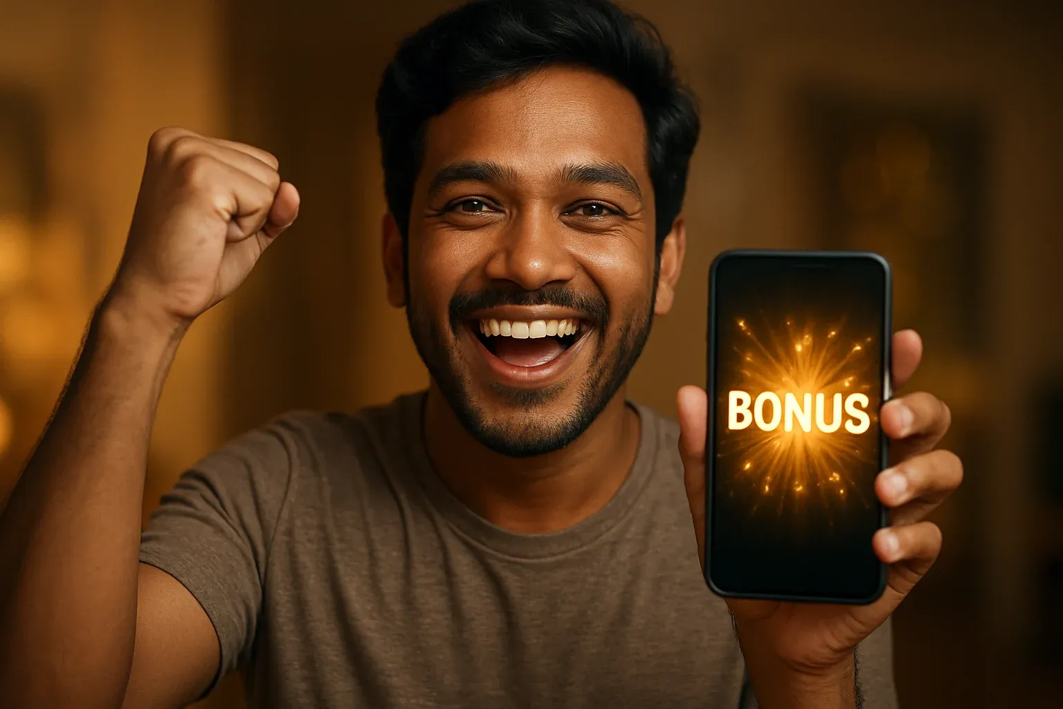 Joyful Bangladeshi man holding smartphone with glowing bonus notification screen