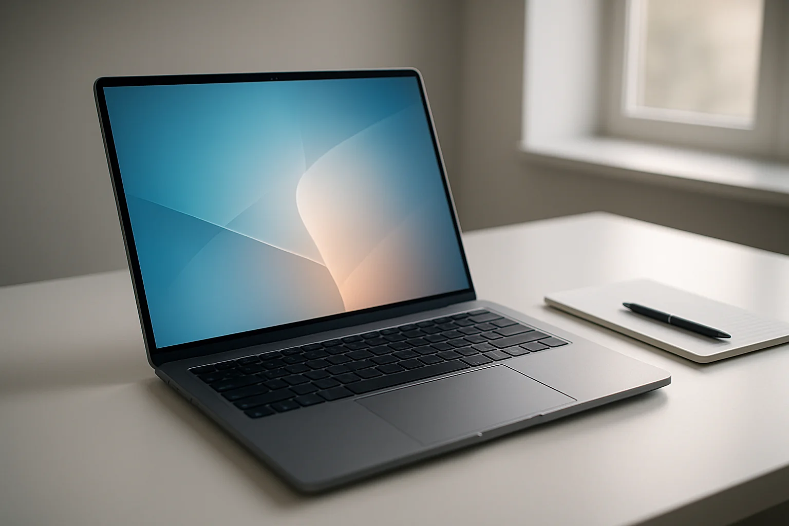 Modern laptop on white desk with glowing abstract screen and notepad