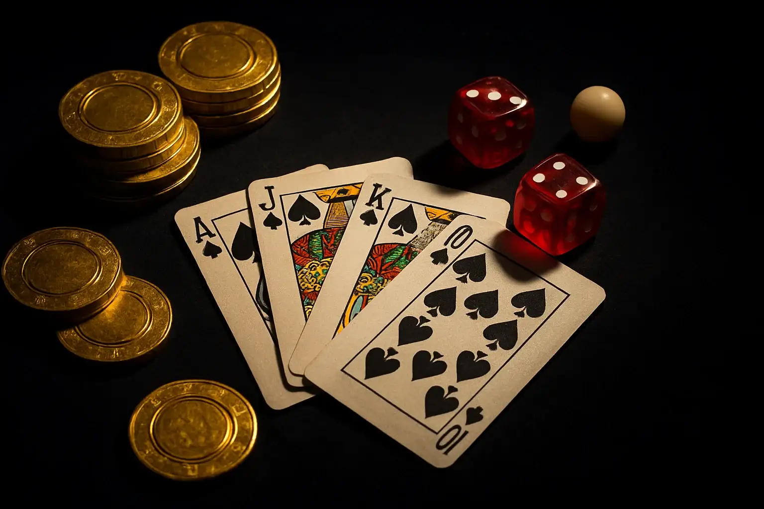 Top-down casino scene with chips, cards, dice, and roulette ball