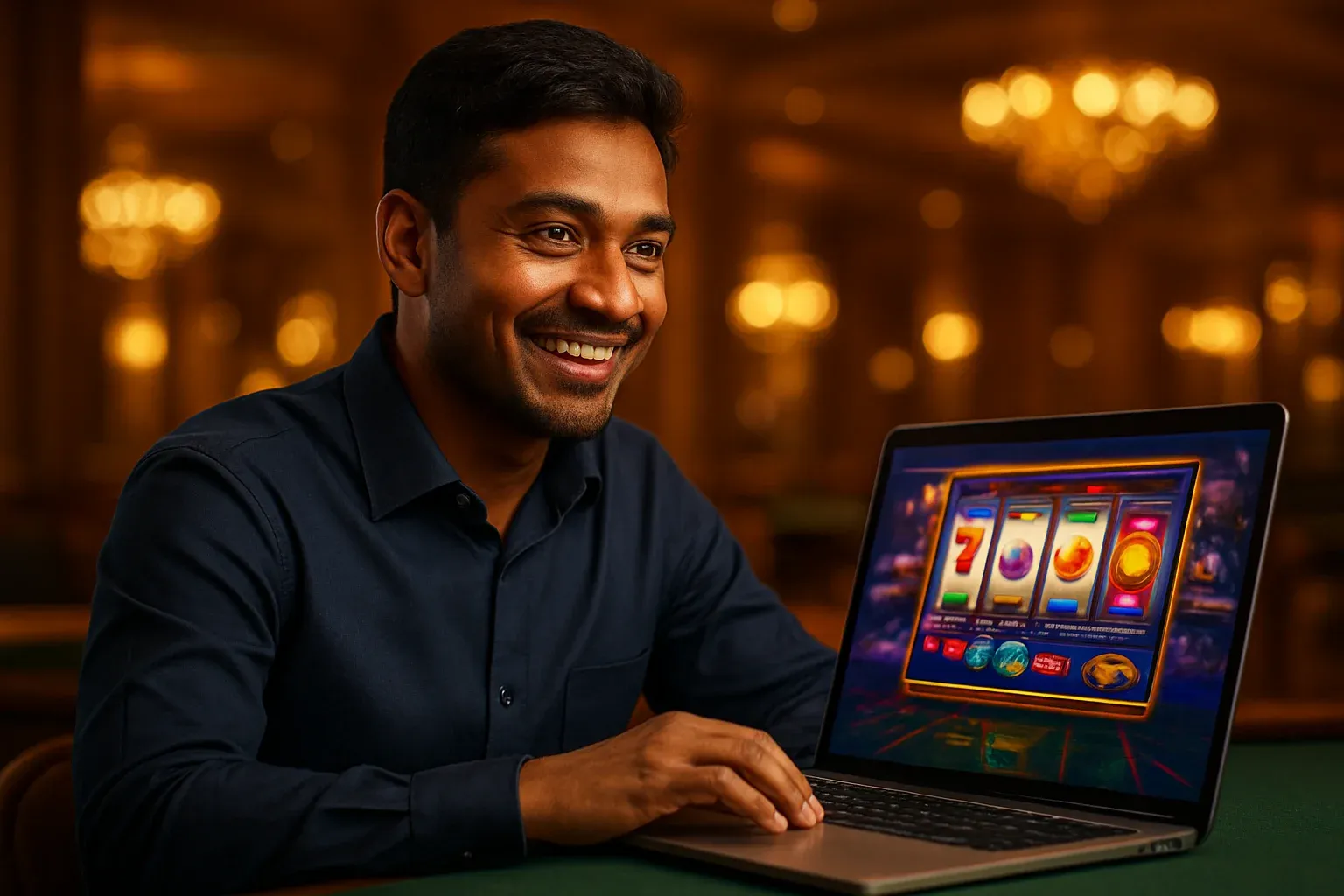 Cheerful Bangladeshi man with open laptop at premium casino lounge