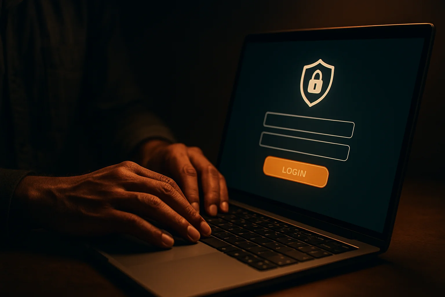 Bangladeshi man's hands on laptop showing stylized login form