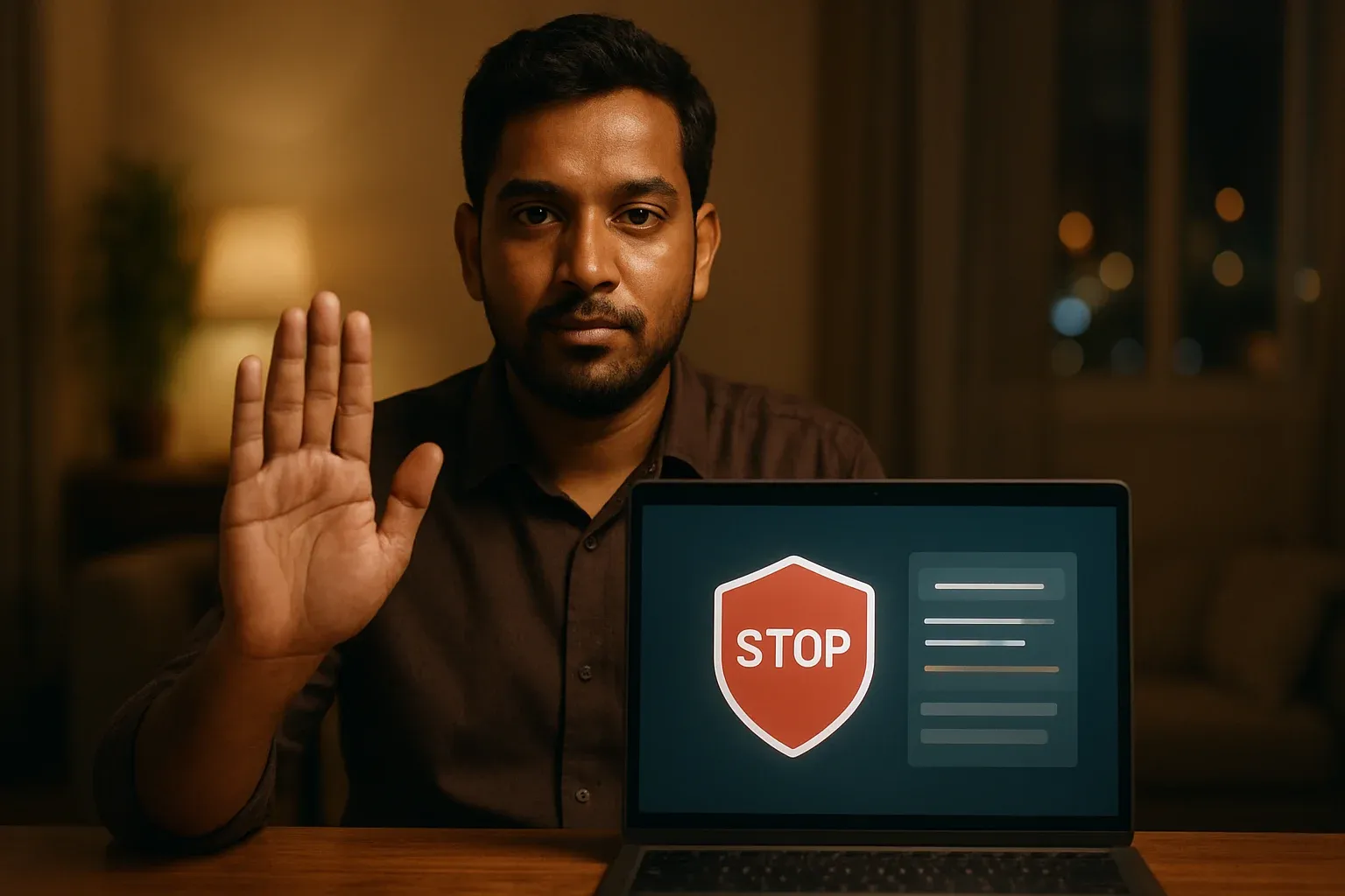 Bangladeshi man showing stop gesture beside laptop with responsible gambling controls