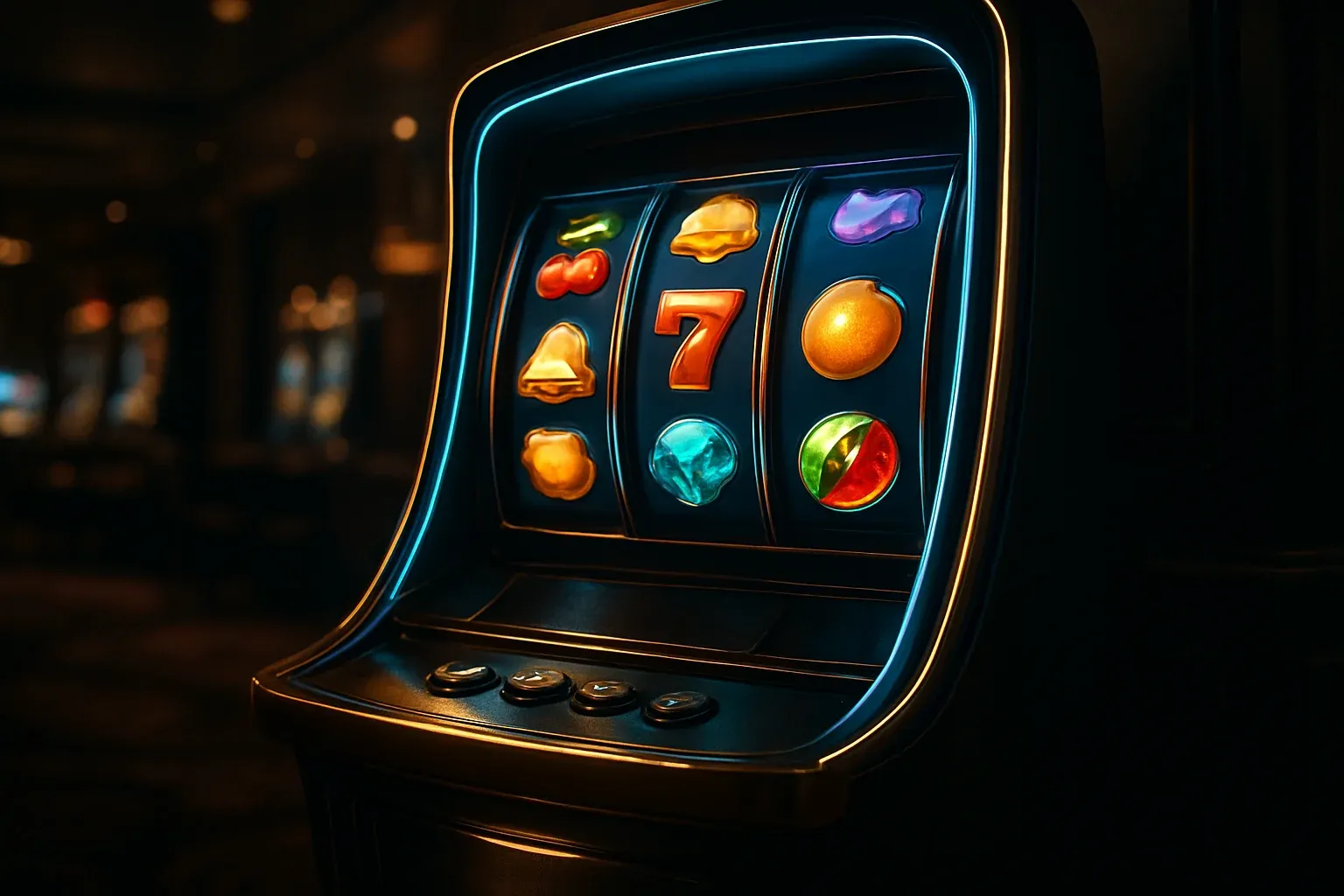 Hyperrealistic premium slot machine with glowing reels in luxury casino
